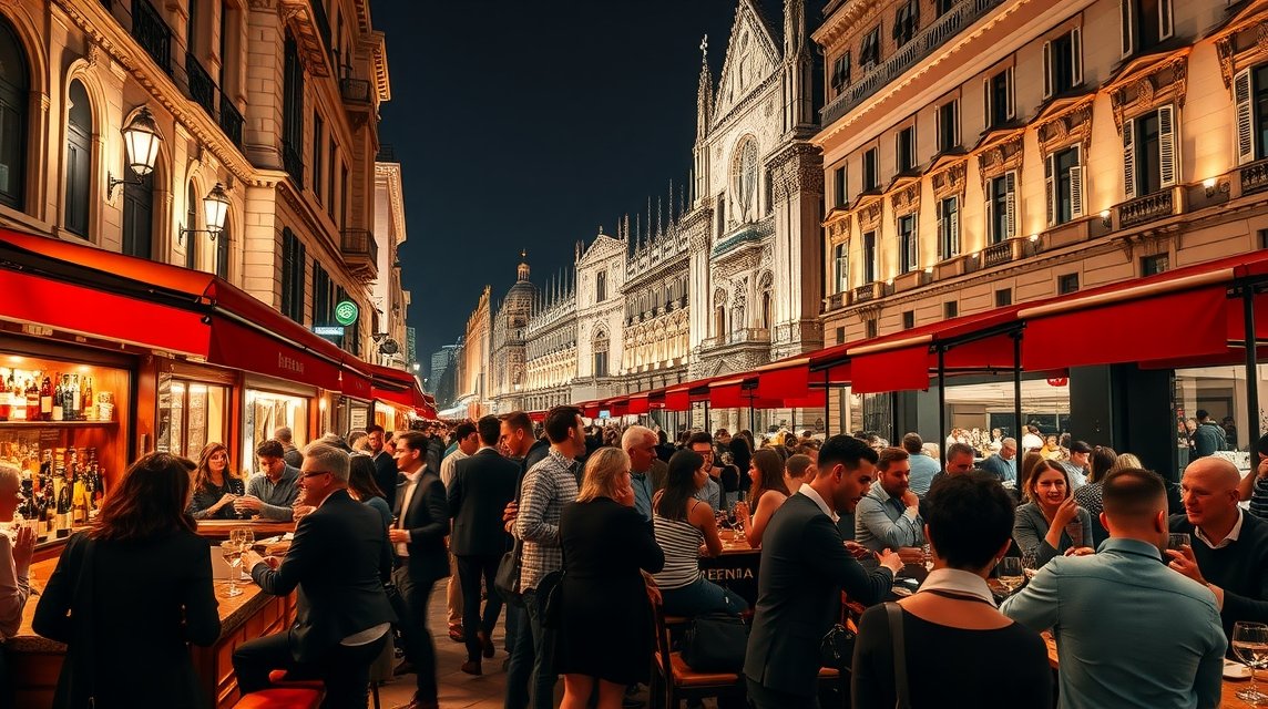 Milánói bár éjszaka, emberek aperitivot fogyasztanak.