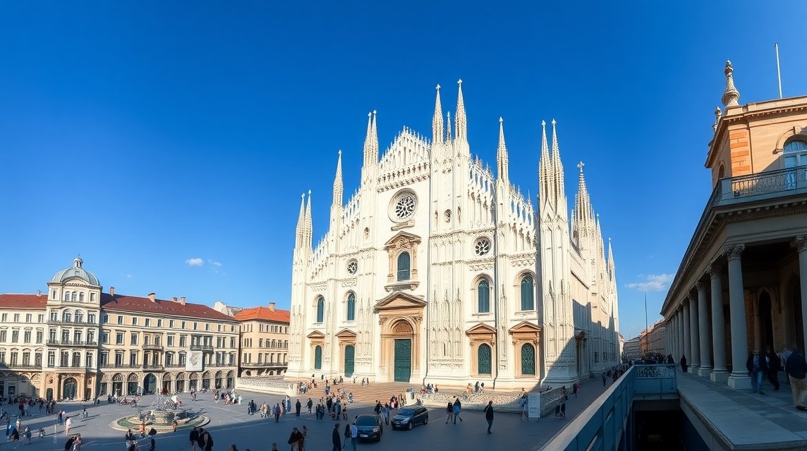 Milánói Dóm panorámás nézet, gótikus építészet Olaszországban