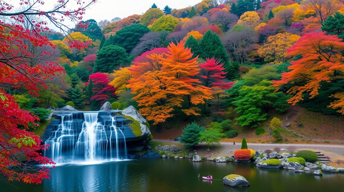 Minoo Park őszi vízesése és a gyönyörű színekben pompázó fák
