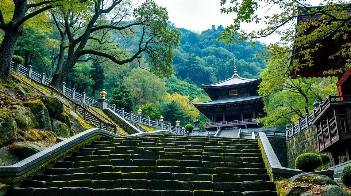 Hirosima látnivalók - Mitaki-dera templom a hegyoldalban 1 Mitaki-dera templom Hirosimában, hegyoldal és zöld fák között.