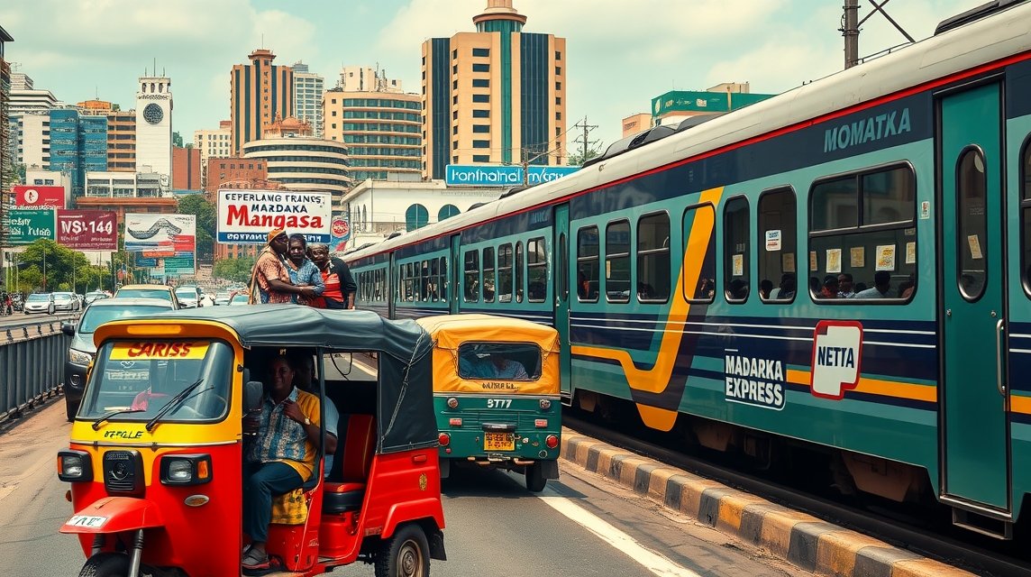 Tuk-tuk és Madaraka Expressz Mombasában, nyüzsgő városi közlekedés.