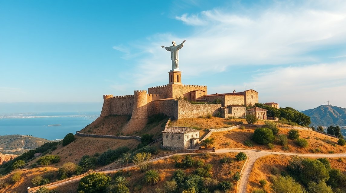 Monteagudo vára és Krisztus-szobor látképe Murciában