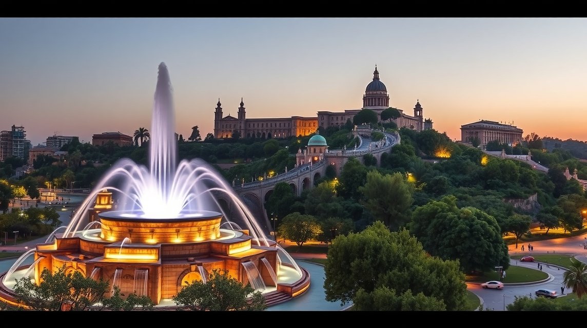 A Montjuïc hegy és a Varázsszökőkút éjszakai fényei Barcelonában.