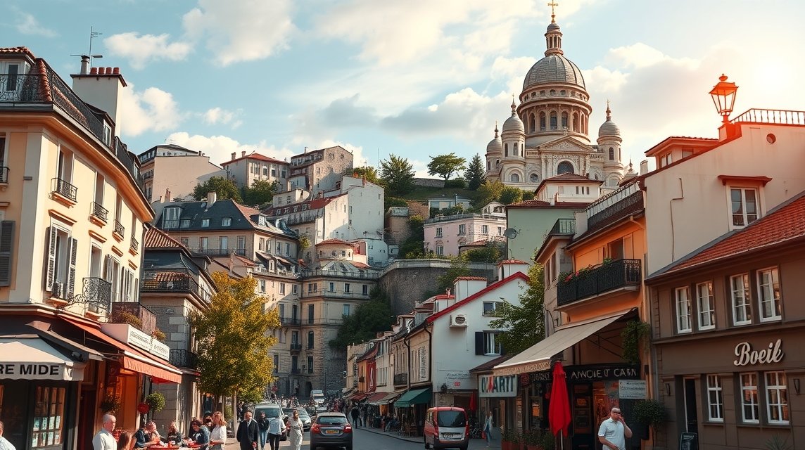 Párizs Montmartre negyedének festői utcái a Sacré-Cœur láttán