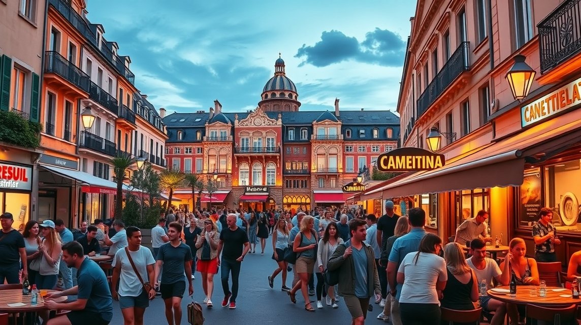 Montpellier történelmi utcáján fiatalok sétálnak és szórakoznak.