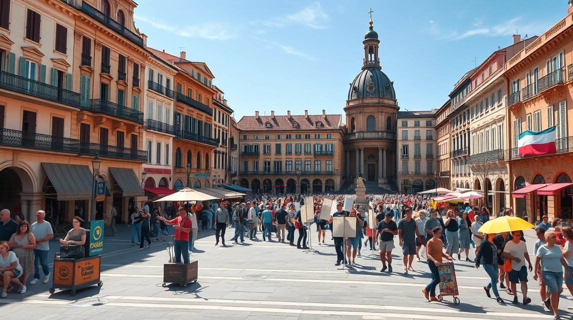 Pezsgő forgatag a Montpellier Place de la Comédie térén, kulturális élményekkel.