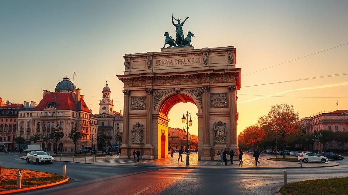 A Montpellier diadalív, Porte du Peyrou naplementében.