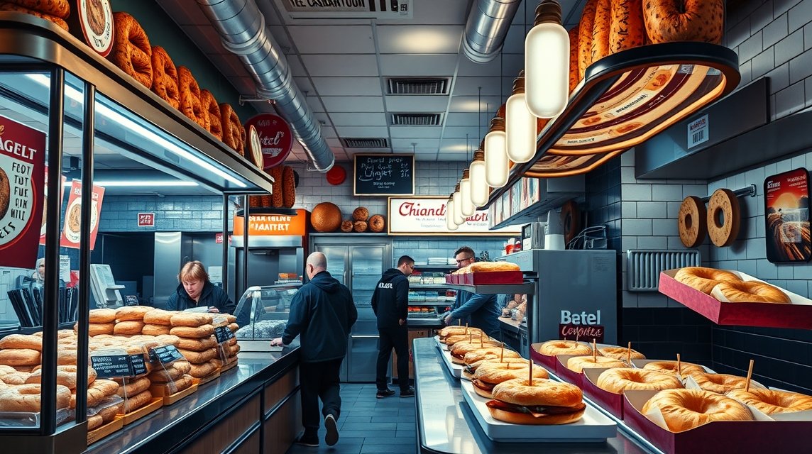 Kézzel készült bagel és füstölt hús ételek a montréali pékségben.