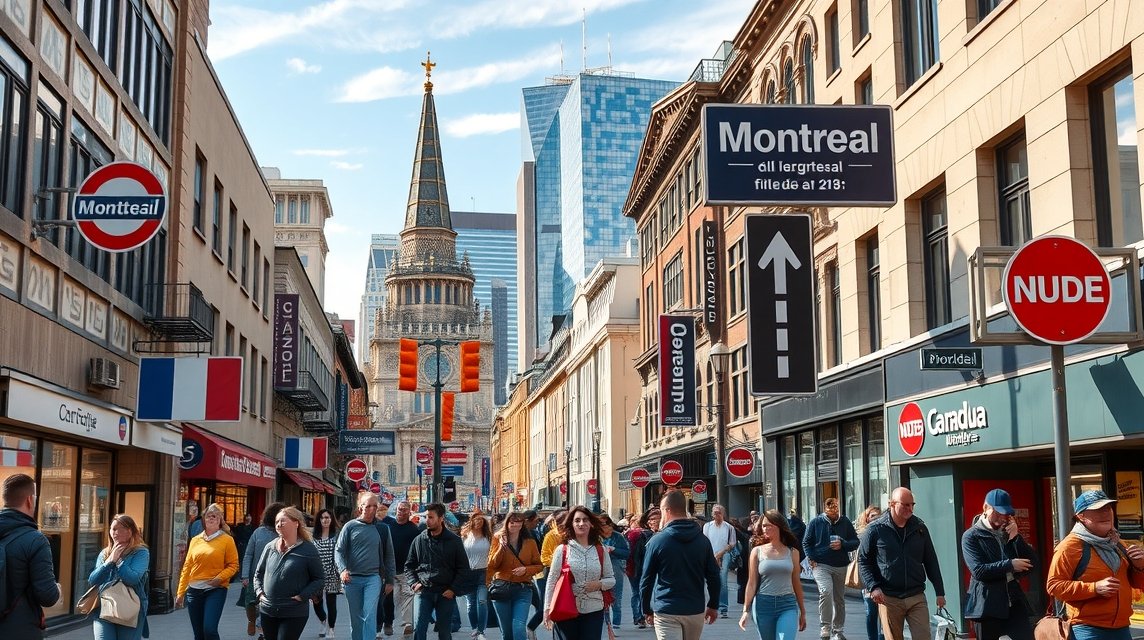 Montréal városnézet, emberek a mozgalmas utcán, kulturális élmény