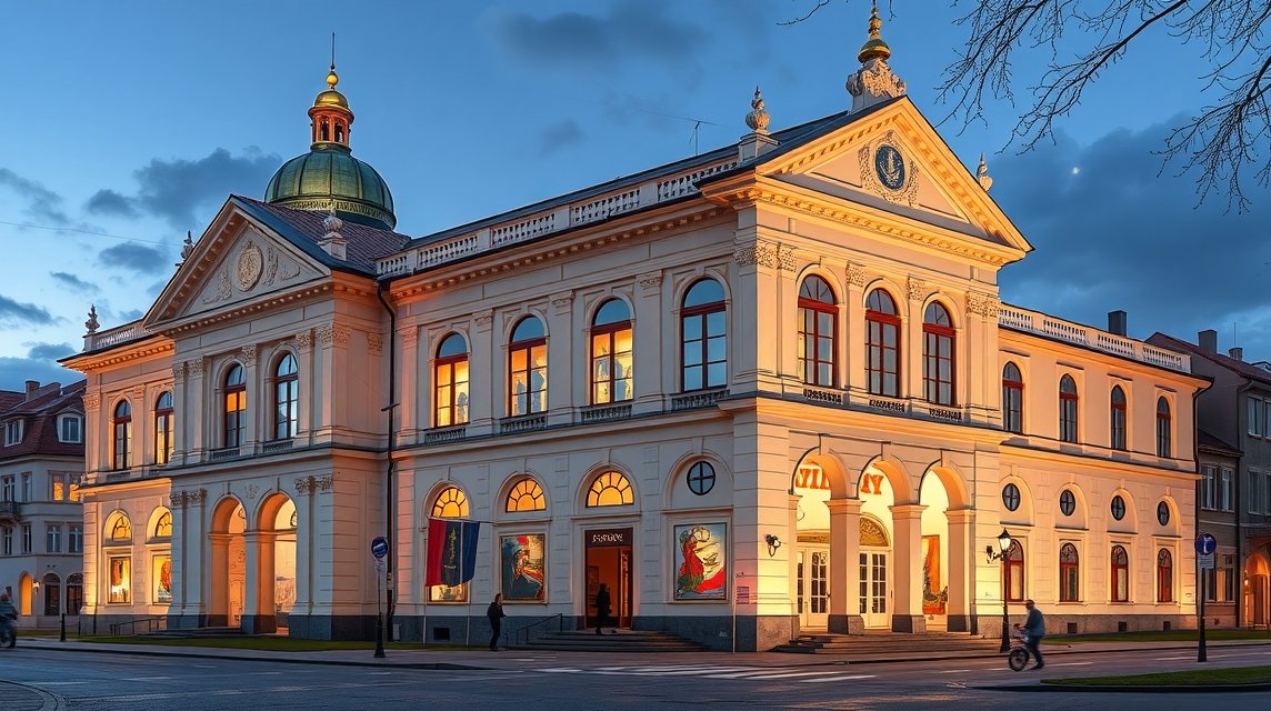 A Morva Galéria épülete Brnóban, Csehországban, este, megvilágítva.