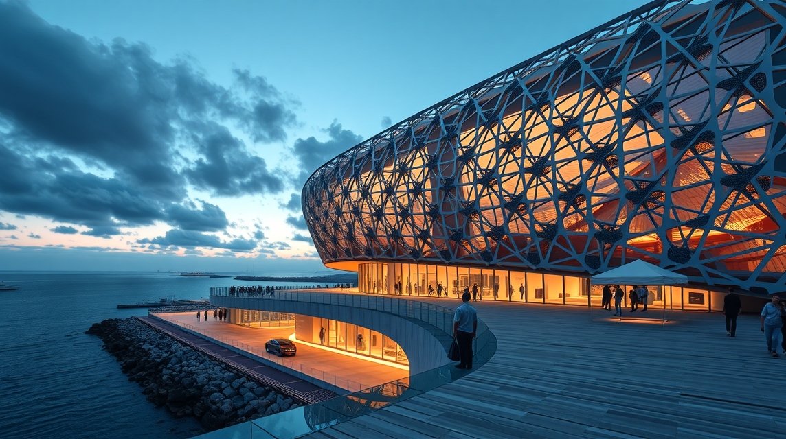 MuCEM múzeum modern építészete Marseille, tengerre néző teraszokkal