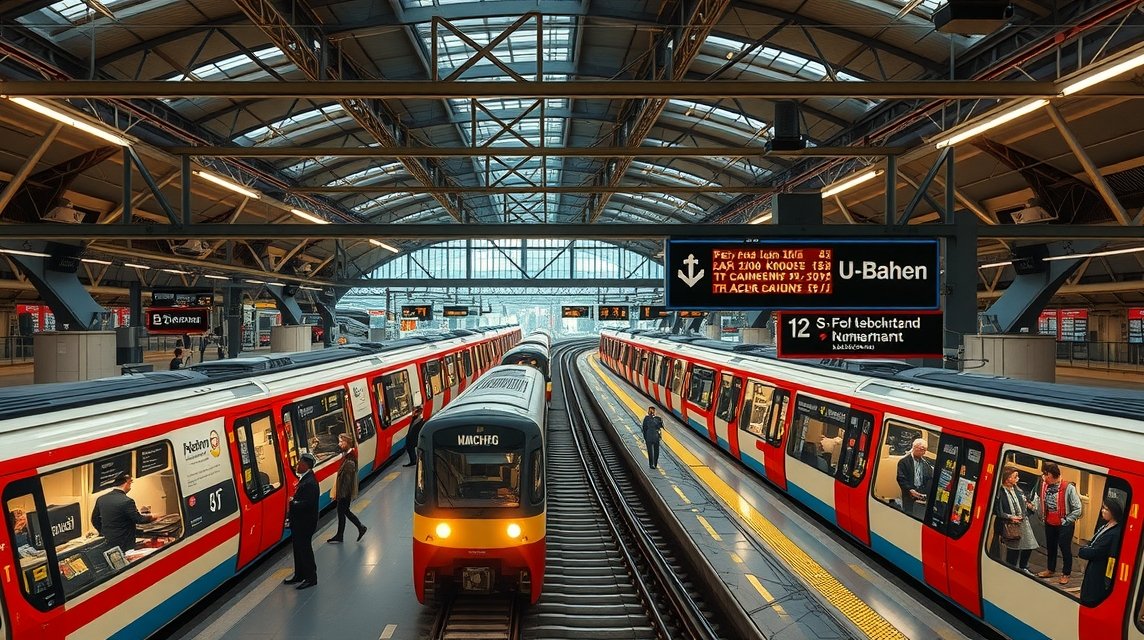 München S-Bahn és U-Bahn állomás belső nézet, utasok és vonatok.