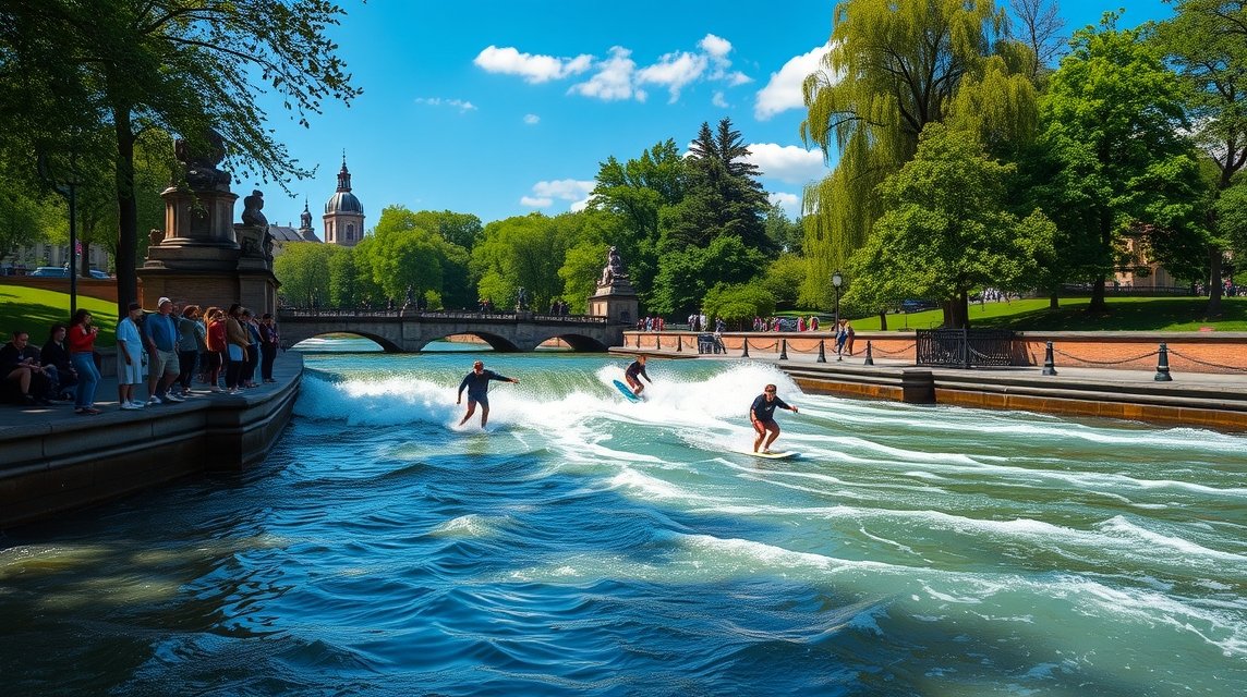 Szörfösök az Eisbach hullámán Münchenben az Englischer Garten zöld szívében.