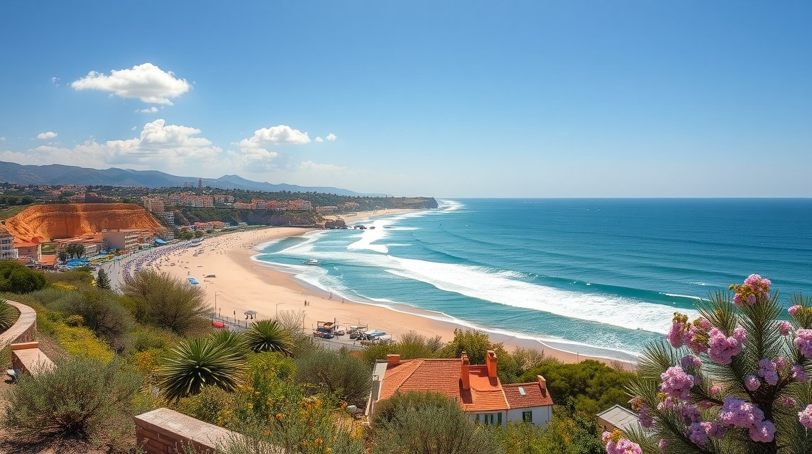 Murcia strandja napsütésben, gyönyörű tengerparttal és zöld növényekkel.