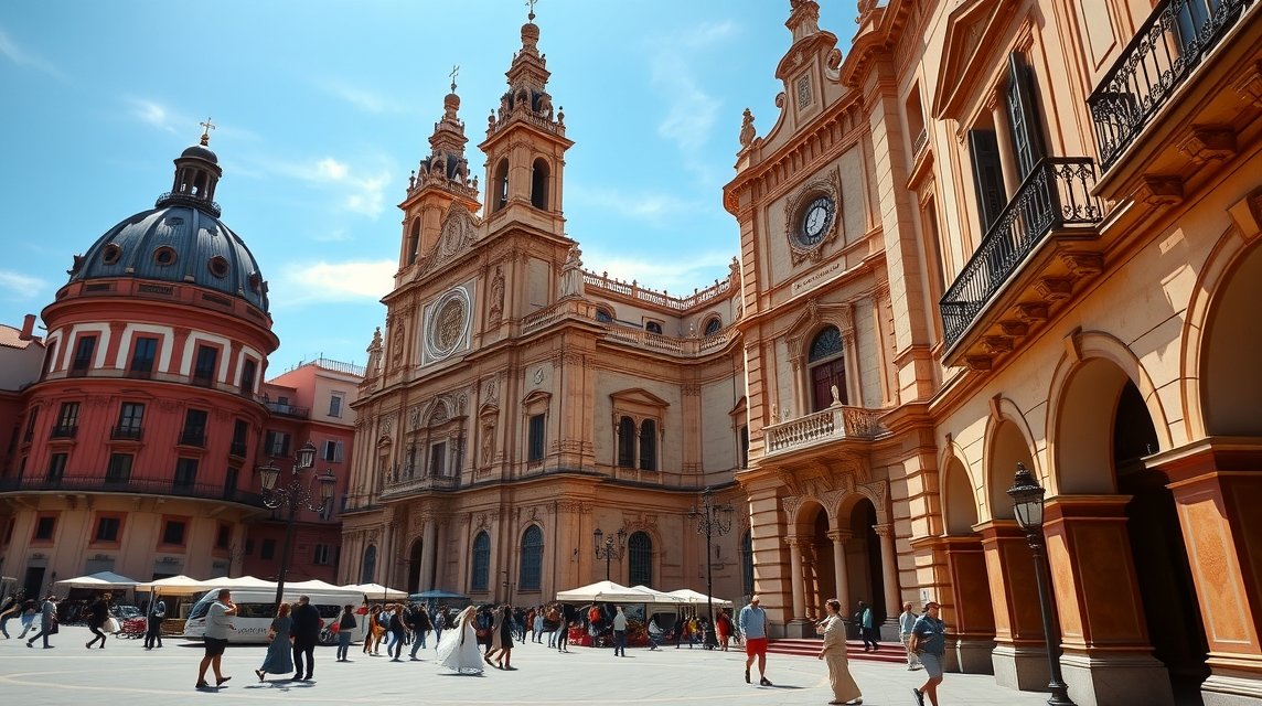 Murcia katedrális barokk homlokzata a napfényben, látnivalók felfedezése közben.