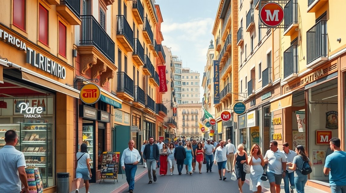 Murcia Trapería és Platería utcáin sétáló emberek üzletek között