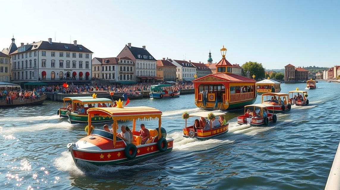 Ulm esemény - A Nabada vízi karnevál a Dunán 1 Bohókás csónakok a Duna hullámain a Nabada vízi karneválon Ulmban.