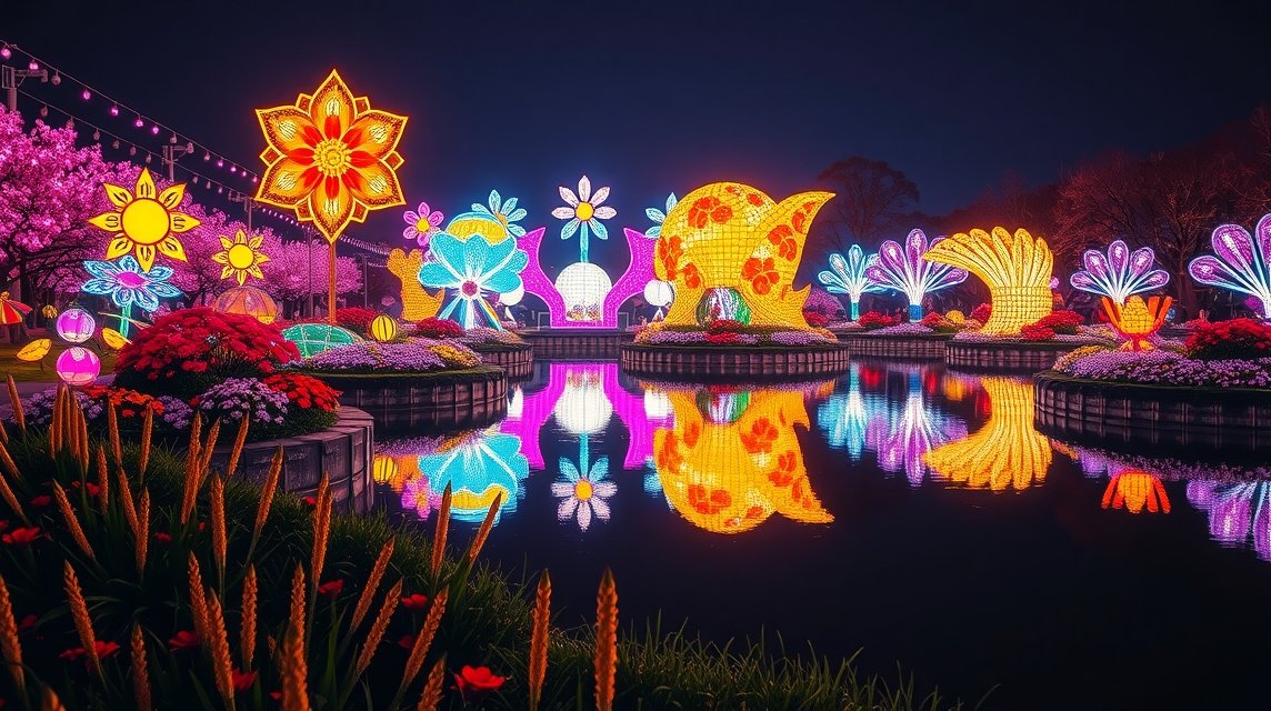 Bámulatos fényinstallációk a Nabana no Sato fényparkban Nagoja közelében.
