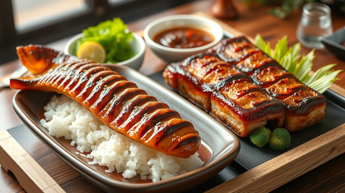 Nagoja gasztronómia - A Hitsumabushi (angolna) és a miso katsu 1 Ropogós miso katsu és füstös hitsumabushi tál rizsen