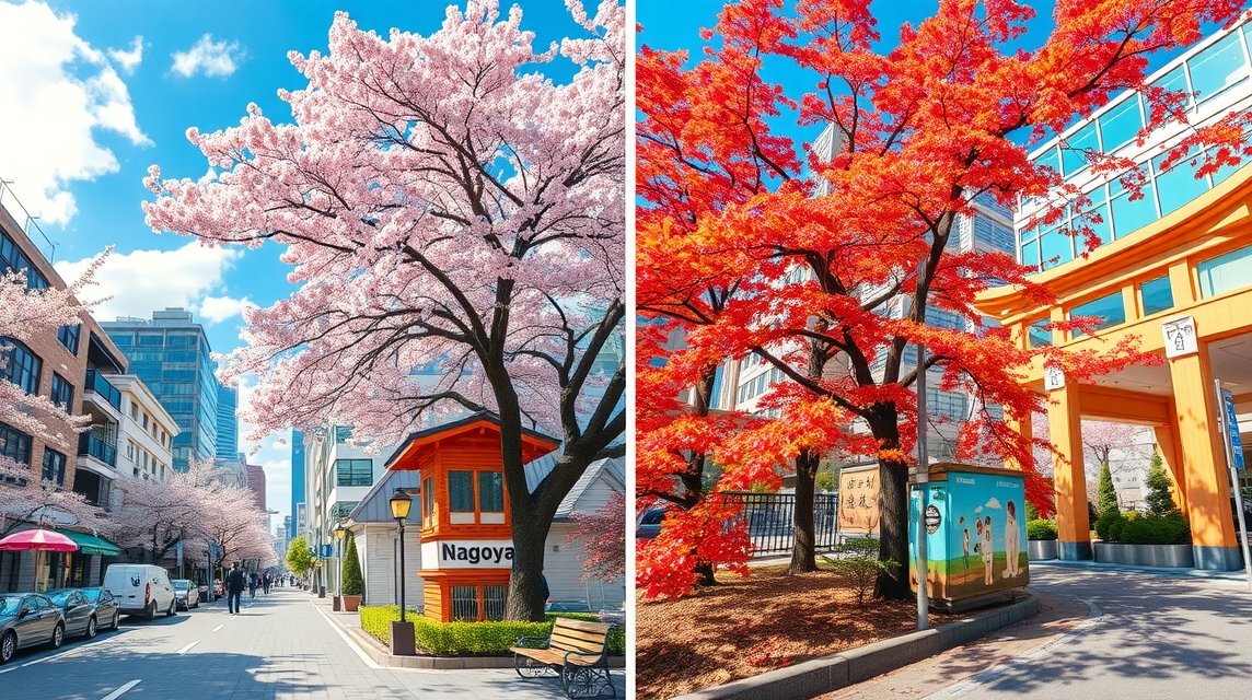 Nagoja tavaszi és őszi táj, cseresznye és juharfa