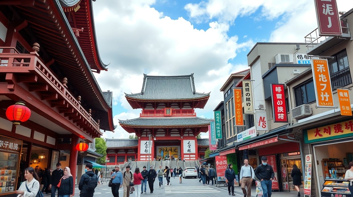 Az Osu Kannon templom bejárata Nagoja csendes bevásárlóutcájában.