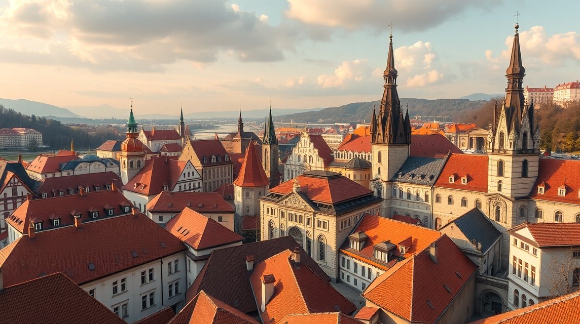 A középkori városrészek panorámája Nagyváradon, Romániában.