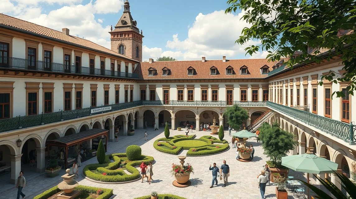 A felújított nagyváradi vár udvara, zöld növényekkel és emberekkel.