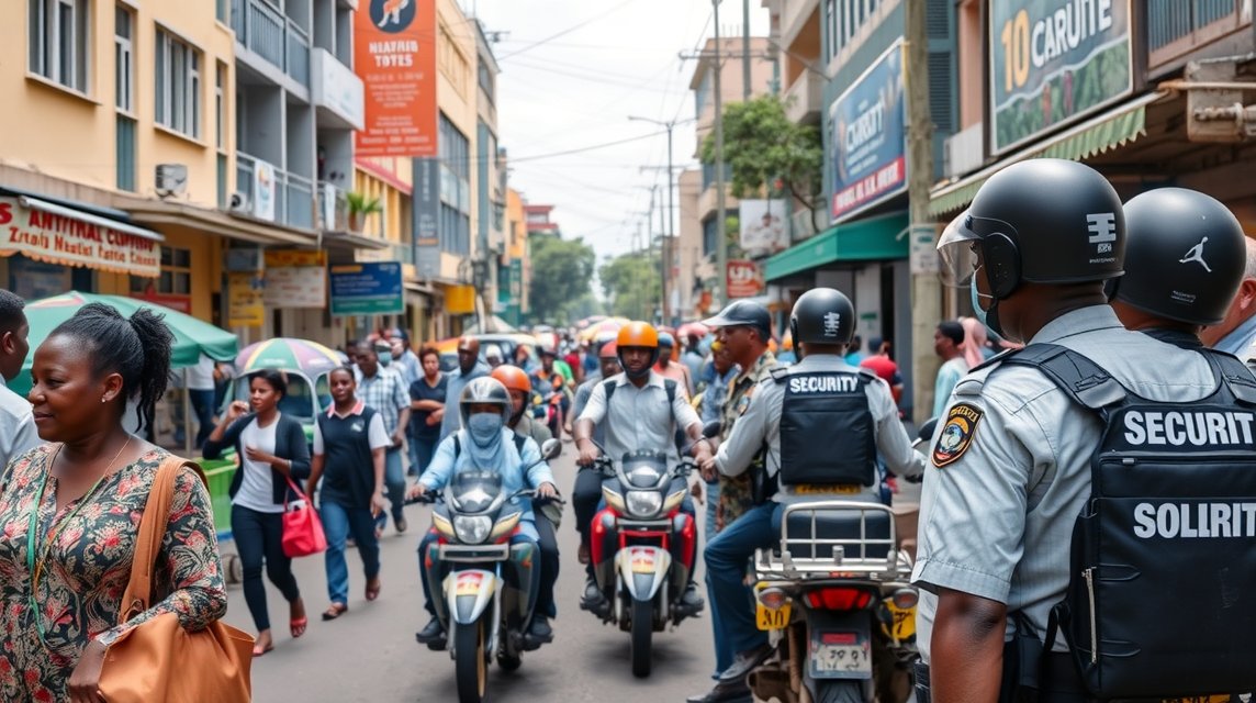 Nairobi streets with security personnel and busy pedestrians.