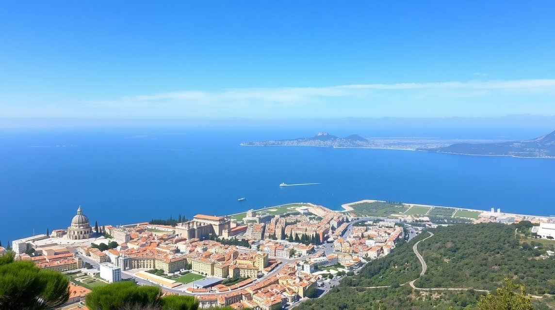 Panorámás kilátás Nápolyról a tenger és a hegyek felé.