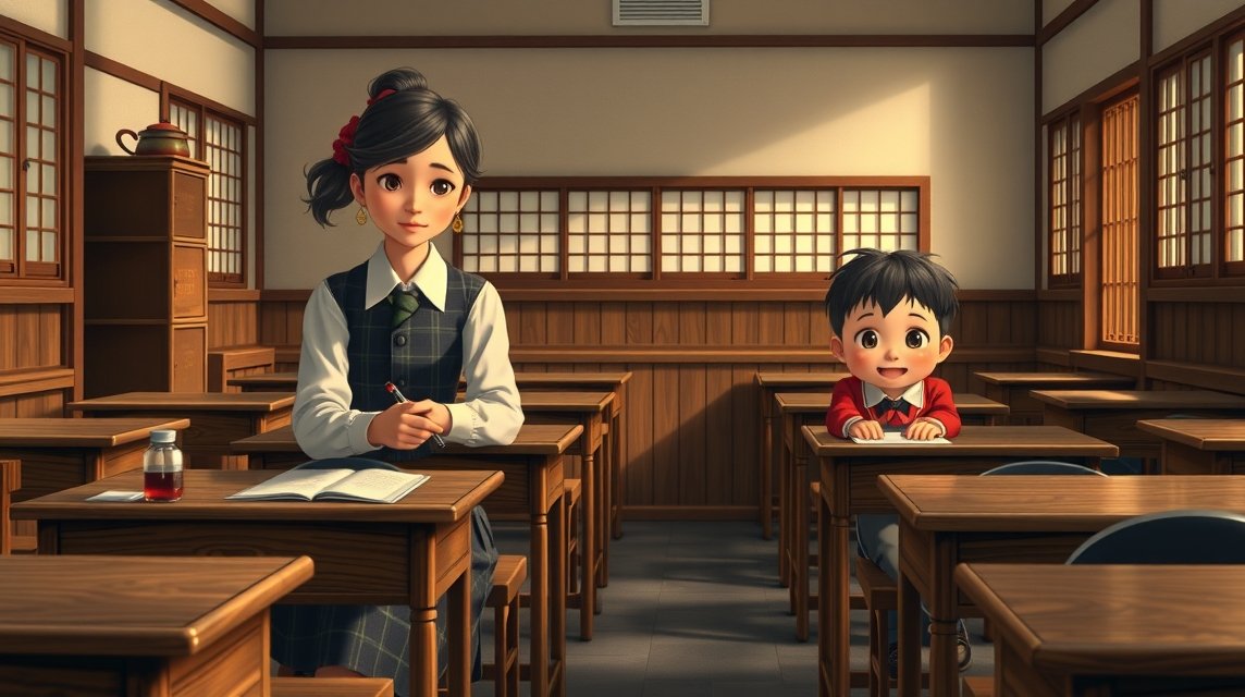 Animált jelenet a pedagógusi és tanulmányi életről japán iskolában.