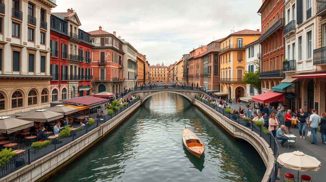 Milánó Navigli csatornai, gyönyörű épületekkel és élénk éttermekkel.