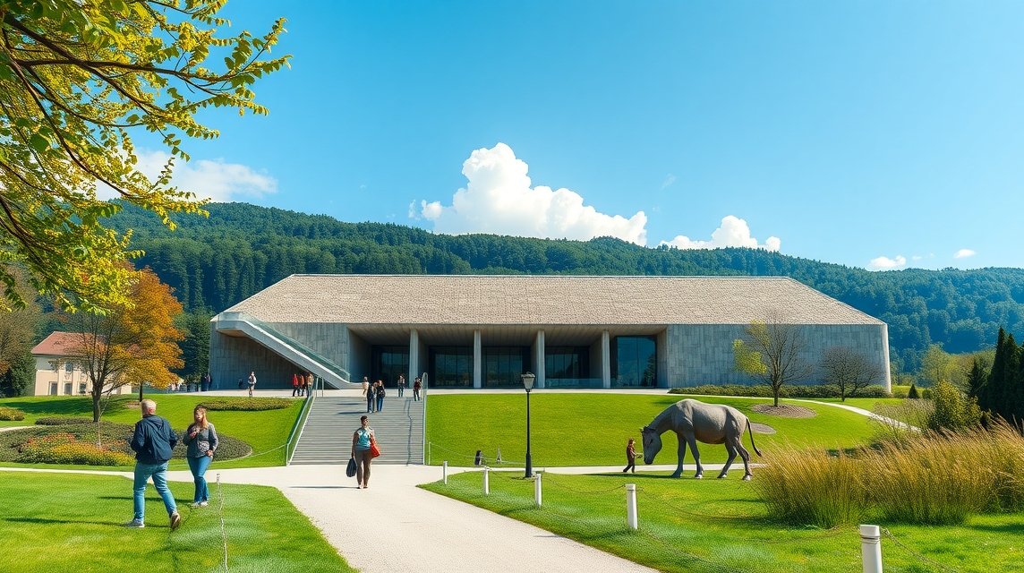 Düsseldorf látnivalók - Kirándulás a Neanderthal Múzeumba 1 Neanderthal Múzeum épülete Düsseldorf közelében, zöld környezetben.