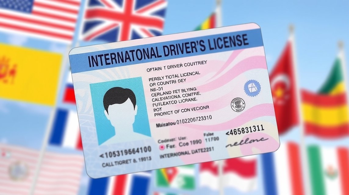 Nemzetközi jogosítvány mintája több ország zászlóival háttérben.