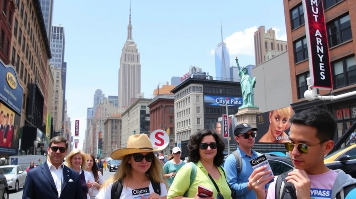 Turisták New Yorkban a CityPASS-szal az Empire State Building előtt