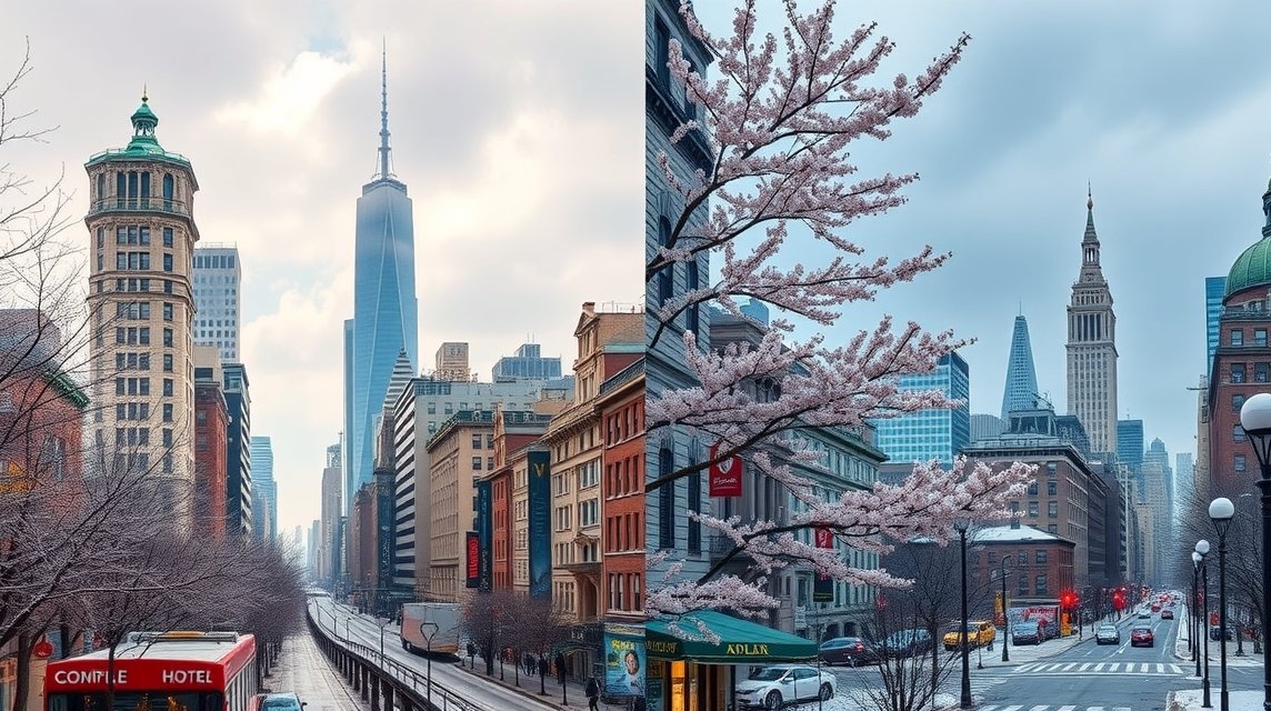 New York város télen és tavasszal: ünnepi díszvilágítás és virágzó fák