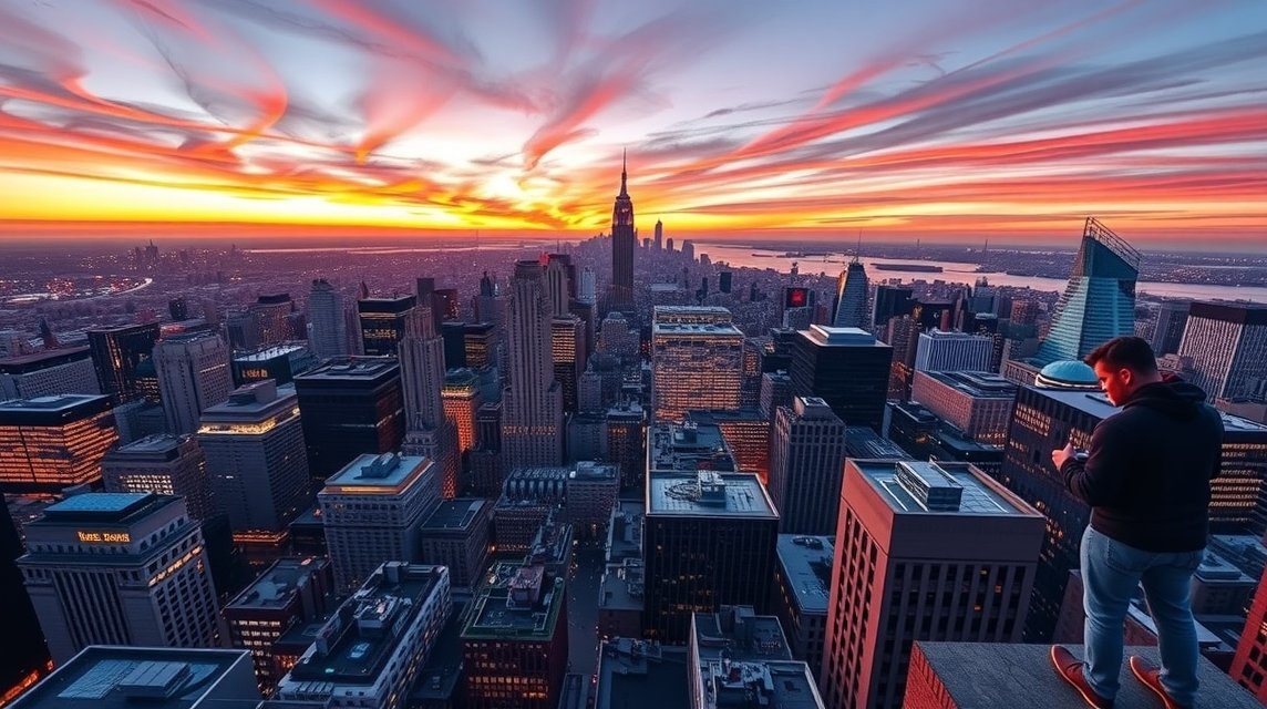 Panoráma New Yorkról a Top of the Rock csúcsáról naplementekor