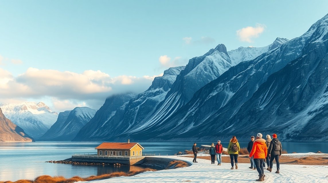 Utazók sétálnak a Norvég fjordok mellett havas tájban