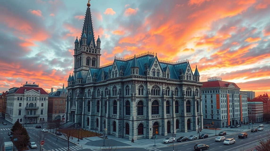 Notre-Dame de Québec bazilika-katedrális impozáns homlokzata naplementében