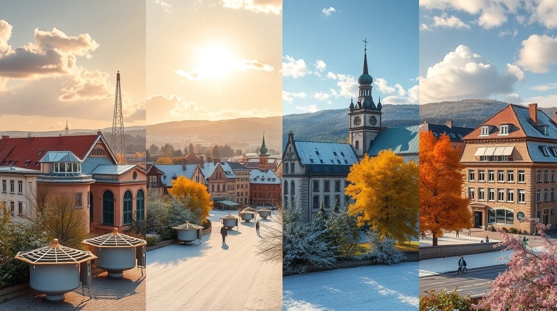 Nürnberg különböző évszakainak látképe, napfényes nyár és varázslatos tél.