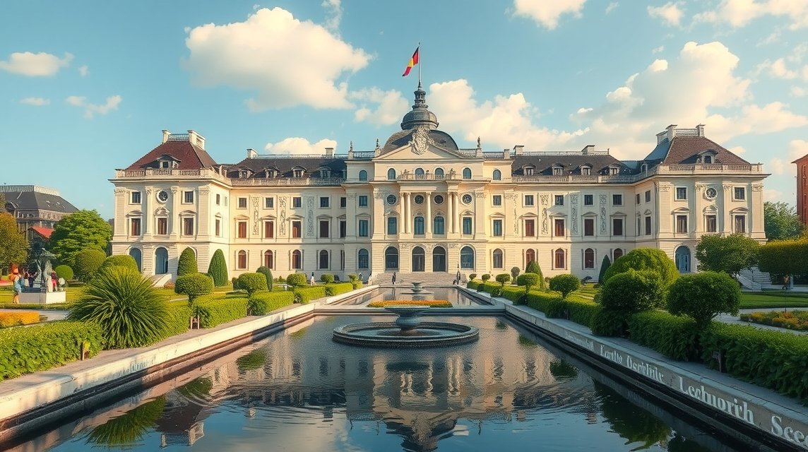 Nymphenburgi kastély Münchenben, gyönyörű parkokkal és tükörszerű tavakkal.