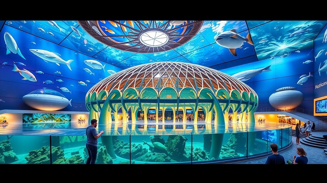 Az Oceanogràfic belső tere, egzotikus tengeri lényekkel.