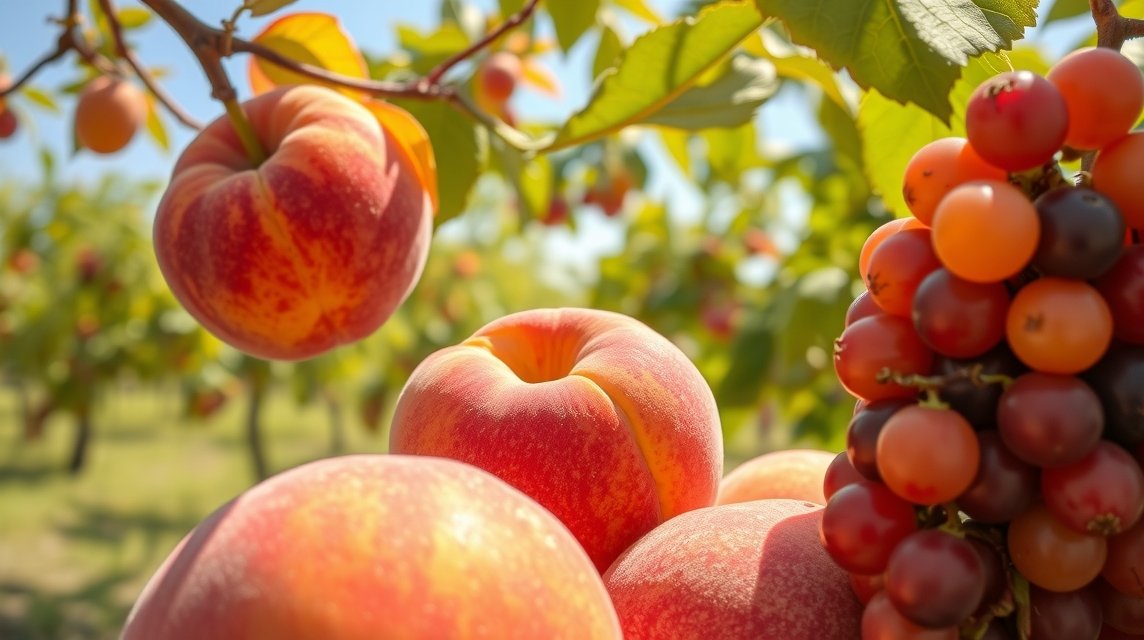 Lédús barack és színes szőlő Okayama gyümölcsösében.