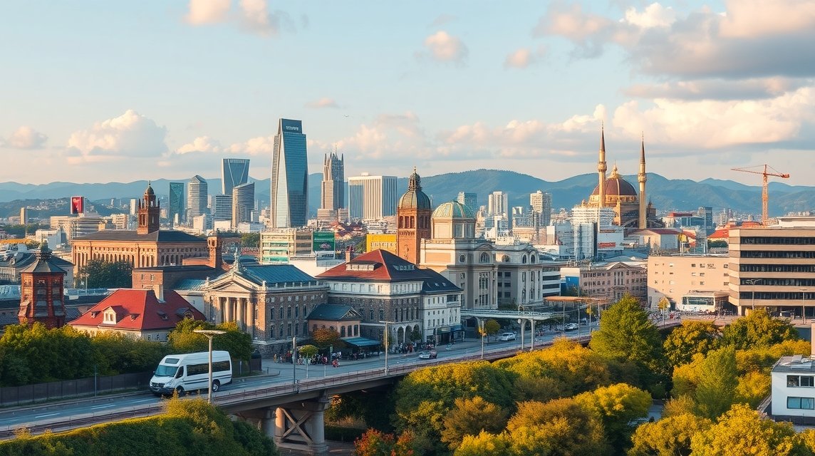 Okayama város panorámája modern épületekkel és a természet zöldjével.
