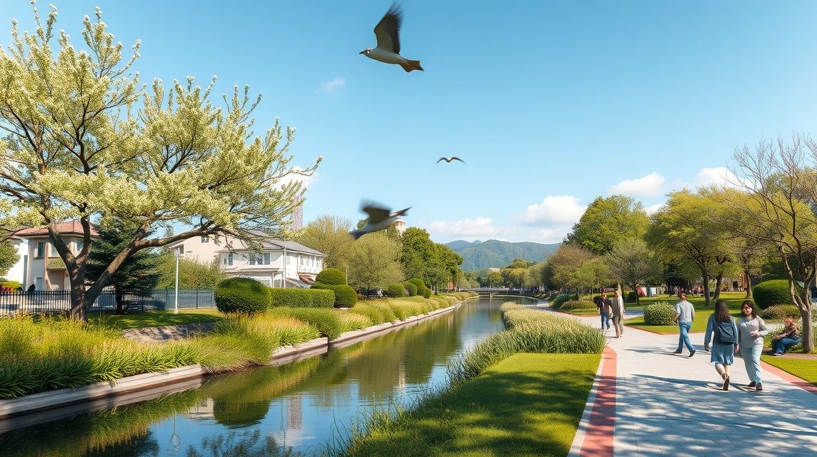 Séta a Nishigawa csatorna parkban, Okayama városában, Japánban.