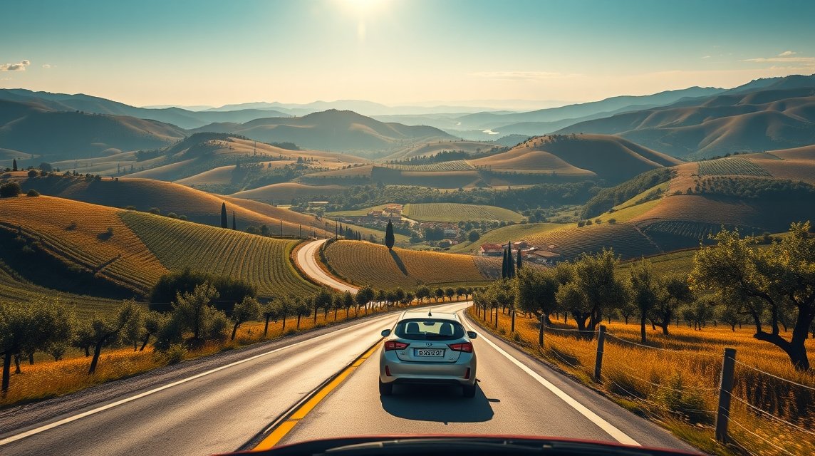 Toszkána dombjain autóval utazók látványa egy napsütéses napon.