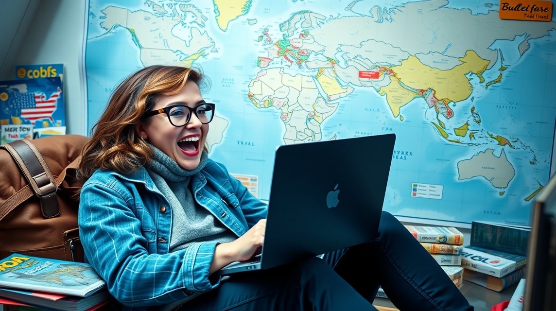 Boldog nő, aki laptopon néz repülőjegy árakat egy világ térkép előtt.