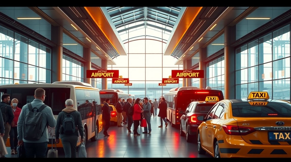 Tömegközlekedési lehetőségek a reptér előtt, taxisok és buszok várakoznak.