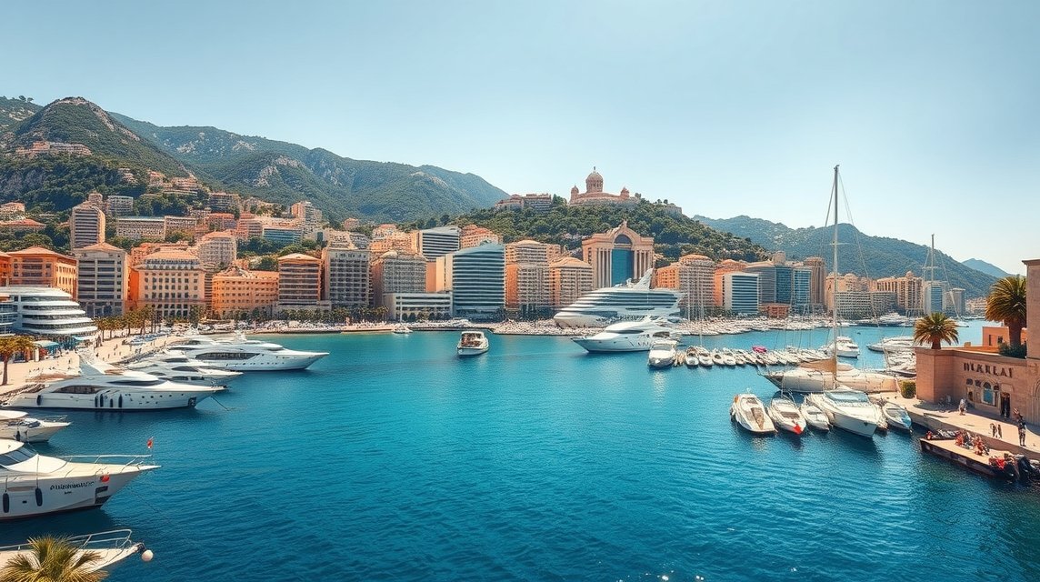 Monaco kikötőjének panorámaképe a Francia Riviérán