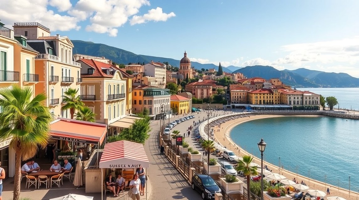 Nizza tengerparti sétány, színes épületek és pálmafák.