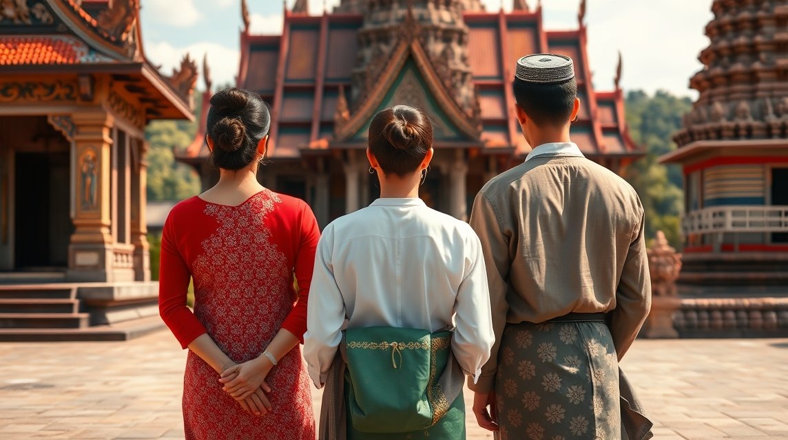 Három ember egy templom előtt Ayutthayában, tradicionális ruhában.